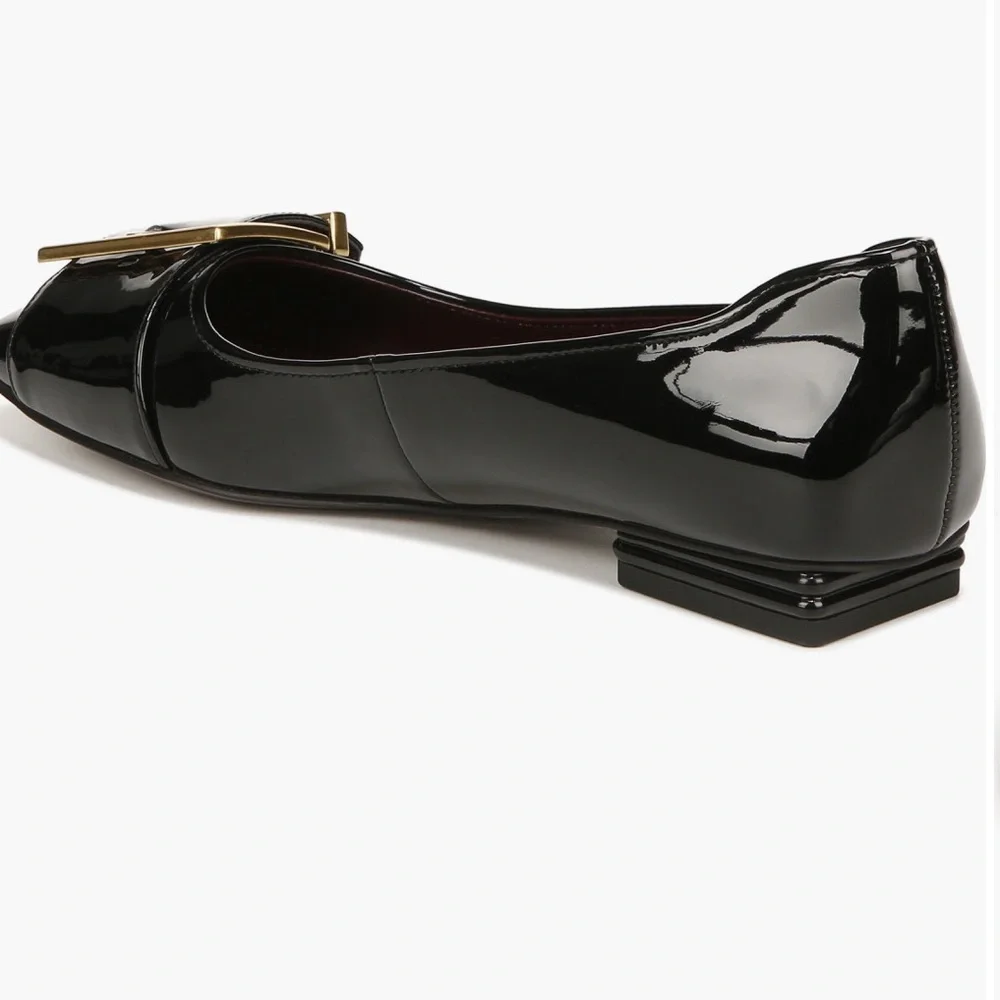 Franco Sarto Black Patent Loafers with Gold Buckle